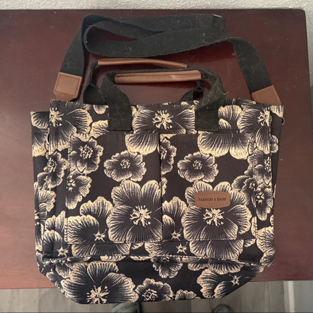 Floral Black and Cream Large Tote Bag